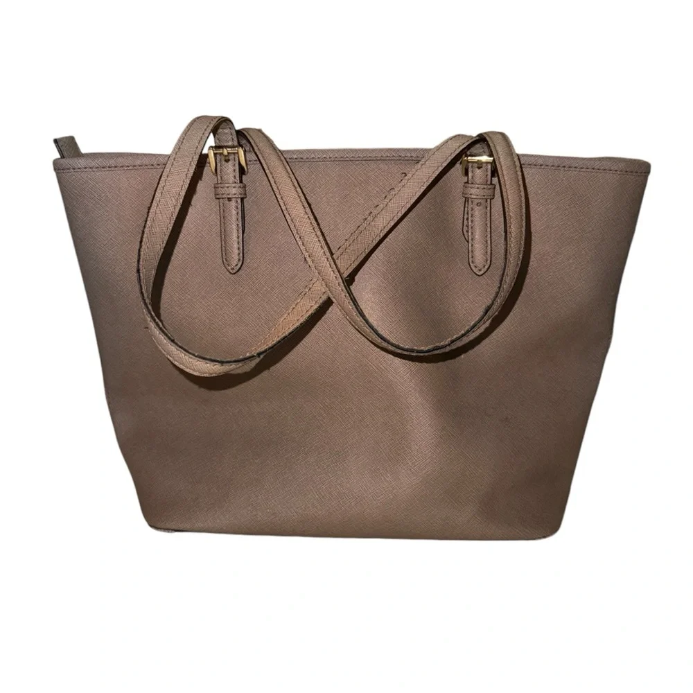 MICHAEL KORS Grey Saffiano Leather Large Jet Set Pocket Tote Shoulder Bag